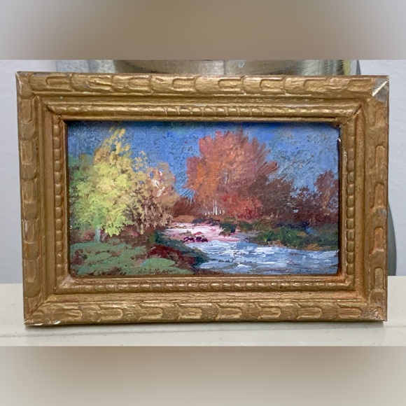 Antique Miniature Gold Painted Wooden Framed Original Nature Scene Oil Painting - Picture 3 of 16